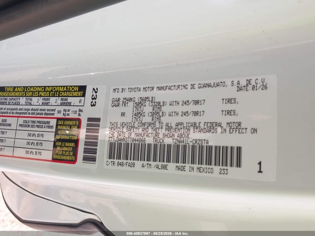 45937997 :رقم المزاد ، 3TYJDAHN3TT044868 vin ، 2026 Toyota Tacoma Sr مزاد بيع