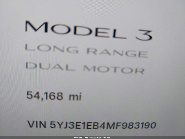 Продаж на аукціоні авто 2021 Tesla Model 3 Long Range Dual Motor All-wheel Drive, vin: 5YJ3E1EB4MF983190, номер лоту: 45937998