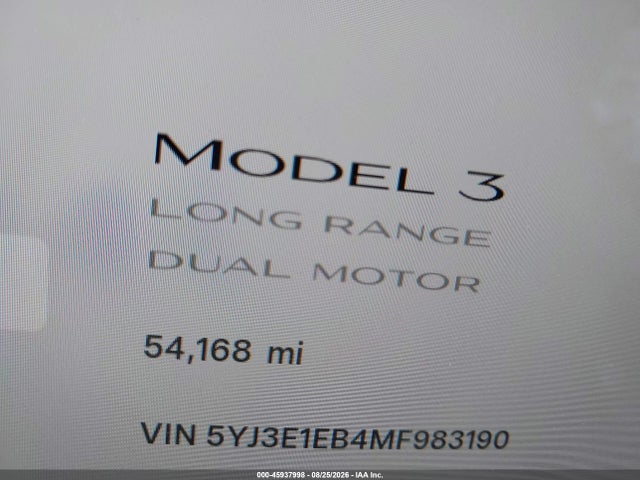 Продаж на аукціоні авто 2021 Tesla Model 3 Long Range Dual Motor All-wheel Drive, vin: 5YJ3E1EB4MF983190, номер лоту: 45937998