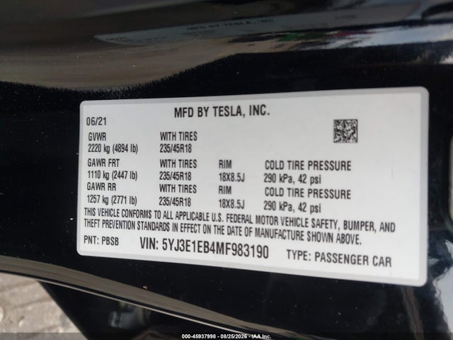 Продаж на аукціоні авто 2021 Tesla Model 3 Long Range Dual Motor All-wheel Drive, vin: 5YJ3E1EB4MF983190, номер лоту: 45937998