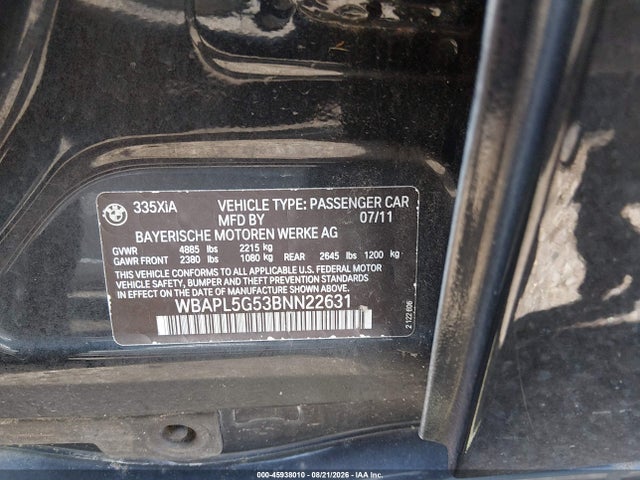 45938010 :رقم المزاد ، WBAPL5G53BNN22631 vin ، 2011 Bmw 335i Xdrive مزاد بيع