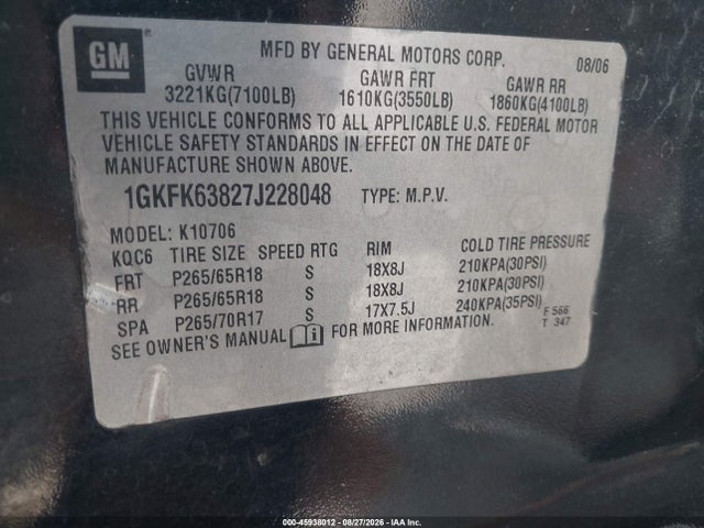 45938012 :رقم المزاد ، 1GKFK63827J228048 vin ، 2007 Gmc Yukon Denali مزاد بيع