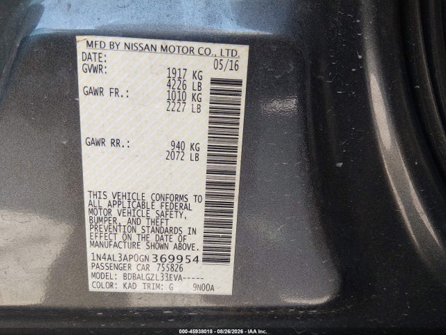 1N4AL3AP0GN369954 Nissan Altima 2.5/2.5 S/2.5 Sl/2.5 Sr/2.5 Sv