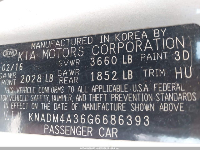 Продажа на аукционе авто 2016 Kia Rio Lx, vin: KNADM4A36G6686393, номер лота: 45938030
