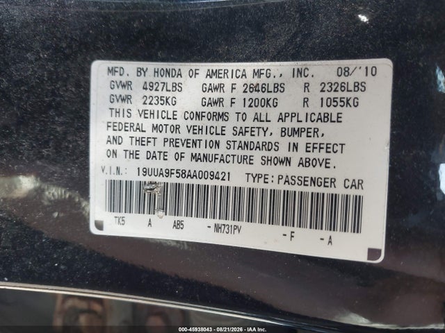 2010 Acura Tl 3.7 მანქანა იყიდება აუქციონზე, vin: 19UUA9F58AA009421, აუქციონის ნომერი: 45938043