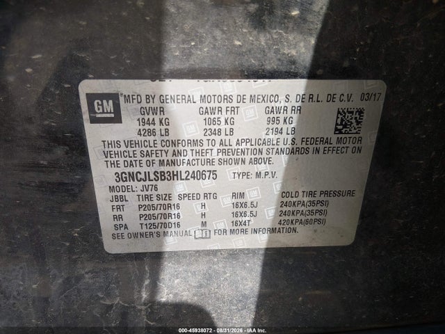 Продажа на аукционе авто 2017 Chevrolet Trax Lt, vin: 3GNCJLSB3HL240675, номер лота: 45938072