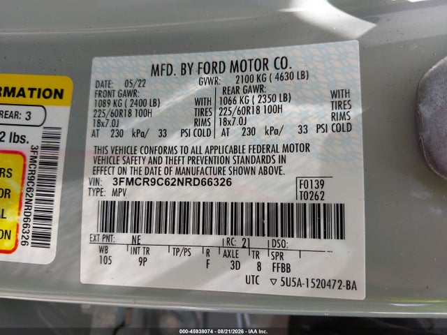 45938074 :رقم المزاد ، 3FMCR9C62NRD66326 vin ، 2022 Ford Bronco Sport Outer Banks مزاد بيع