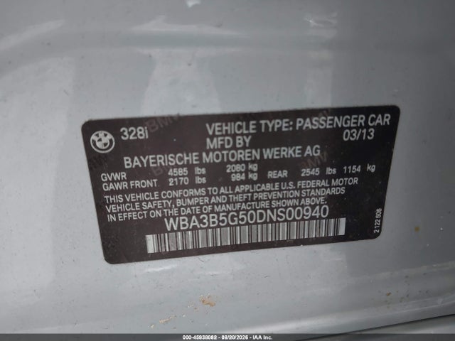 Aukcja sprzedaży 2013 Bmw 328i Xdrive, vin: WBA3B5G50DNS00940, numer aukcji: 45938082