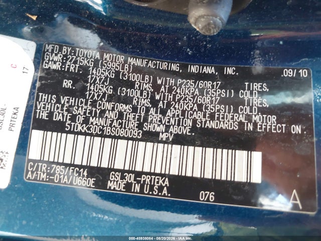 Продажа на аукционе авто 2011 Toyota Sienna Le V6, vin: 5TDKK3DC1BS080093, номер лота: 45938084