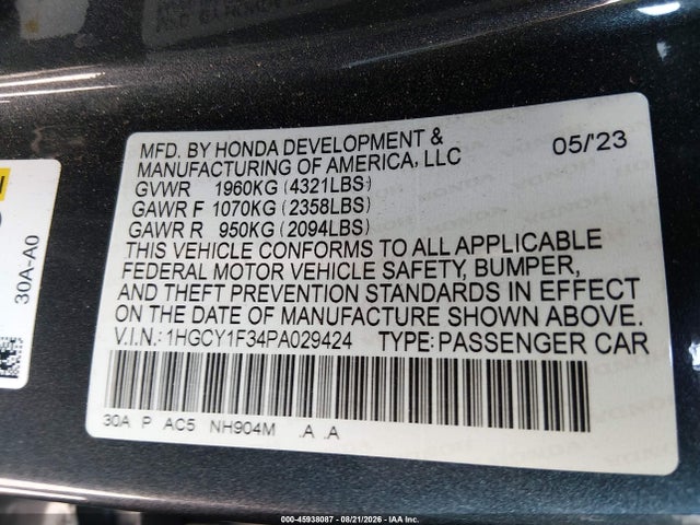 Продаж на аукціоні авто 2023 Honda Accord Ex, vin: 1HGCY1F34PA029424, номер лоту: 45938087