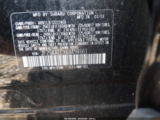 45938092 :رقم المزاد ، JF2SKAECXKH494661 vin ، 2019 Subaru Forester Premium مزاد بيع