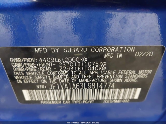 Aukcja sprzedaży 2020 Subaru Wrx, vin: JF1VA1A63L9814774, numer aukcji: 45938103
