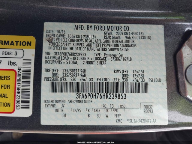Продажа на аукционе авто 2017 Ford Fusion Se, vin: 3FA6P0H76HR239853, номер лота: 45938110
