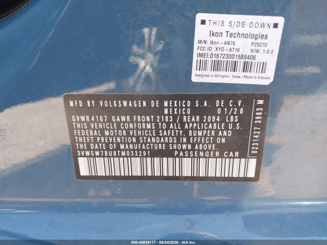 Продаж на аукціоні авто 2026 Volkswagen Jetta S, vin: 3VW5W7BU8TM033291, номер лоту: 45938117