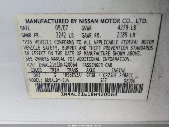 2008 Nissan Altima 2.5 S მანქანა იყიდება აუქციონზე, vin: 1N4AL21E18N420064, აუქციონის ნომერი: 45938120