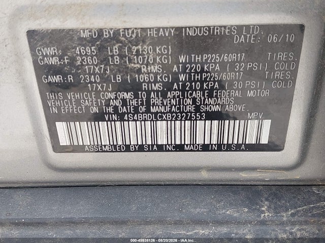 Aukcja sprzedaży 2011 Subaru Outback 3.6r Limited, vin: 4S4BRDLCXB2327553, numer aukcji: 45938126