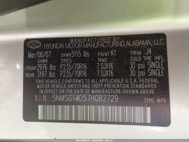 2007 Hyundai Santa Fe Gls მანქანა იყიდება აუქციონზე, vin: 5NMSG13D57H082729, აუქციონის ნომერი: 45938137