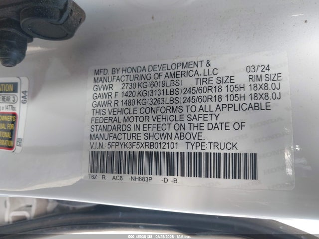 2024 Honda Ridgeline Rtl მანქანა იყიდება აუქციონზე, vin: 5FPYK3F5XRB012101, აუქციონის ნომერი: 45938138