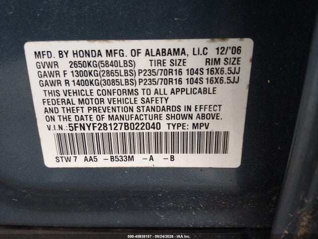 Aukcja sprzedaży 2007 Honda Pilot Lx, vin: 5FNYF28127B022040, numer aukcji: 45938157