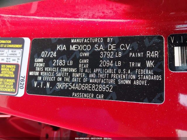 45938163 :رقم المزاد ، 3KPF54AD6RE828952 vin ، 2024 Kia Forte Gt-line مزاد بيع