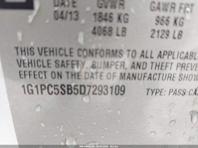 45938192 :رقم المزاد ، 1G1PC5SB5D7293109 vin ، 2013 Chevrolet Cruze 1lt Auto مزاد بيع