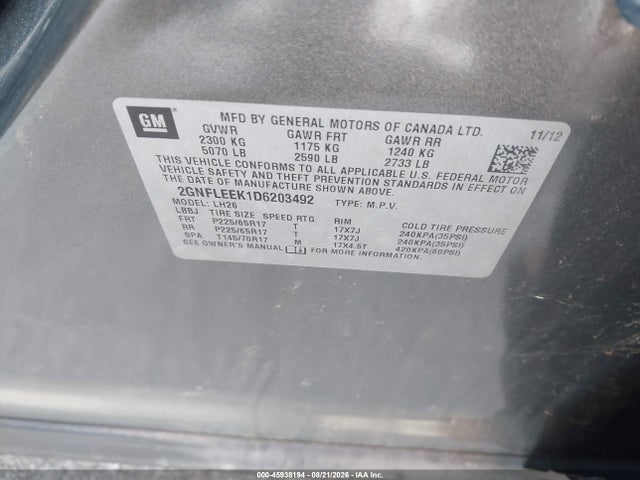 45938194 :رقم المزاد ، 2GNFLEEK1D6203492 vin ، 2013 Chevrolet Equinox Lt مزاد بيع