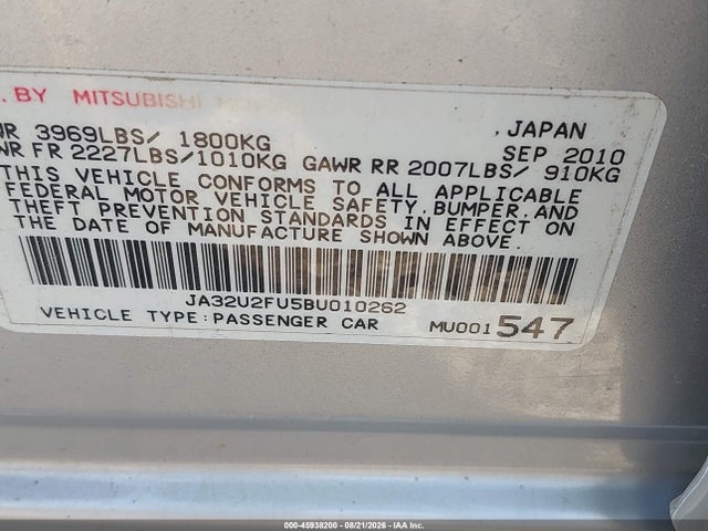 Aukcja sprzedaży 2011 Mitsubishi Lancer Es, vin: JA32U2FU5BU010262, numer aukcji: 45938200