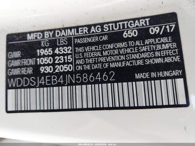 Продаж на аукціоні авто 2018 Mercedes-benz Cla 250, vin: WDDSJ4EB4JN586462, номер лоту: 45938210
