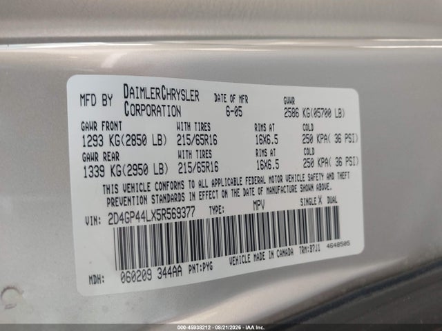 45938212 :رقم المزاد ، 2D4GP44LX5R569377 vin ، 2005 Dodge Grand Caravan Sxt مزاد بيع