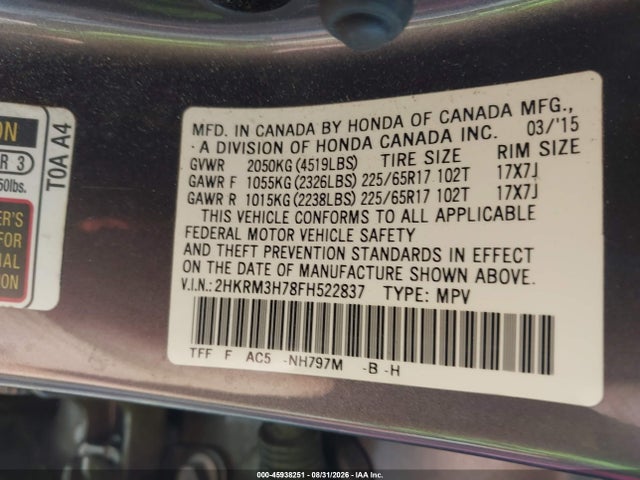 45938251 :رقم المزاد ، 2HKRM3H78FH522837 vin ، 2015 Honda Cr-v Ex-l مزاد بيع