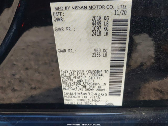 Продаж на аукціоні авто 2021 Nissan Altima Platinum Intelligent Awd, vin: 1N4BL4FW8MN324265, номер лоту: 45938259