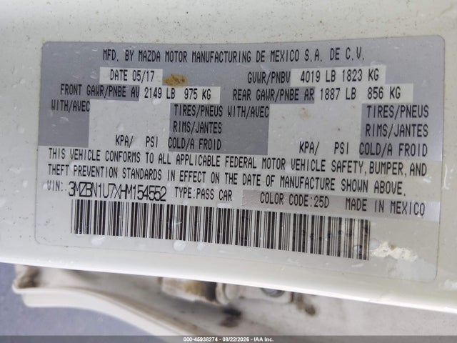45938274 :رقم المزاد ، 3MZBN1U7XHM154552 vin ، 2017 Mazda Mazda3 Sport مزاد بيع