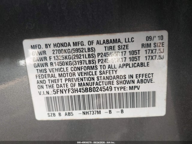 45938279 :رقم المزاد ، 5FNYF3H45BB024549 vin ، 2011 Honda Pilot Ex مزاد بيع