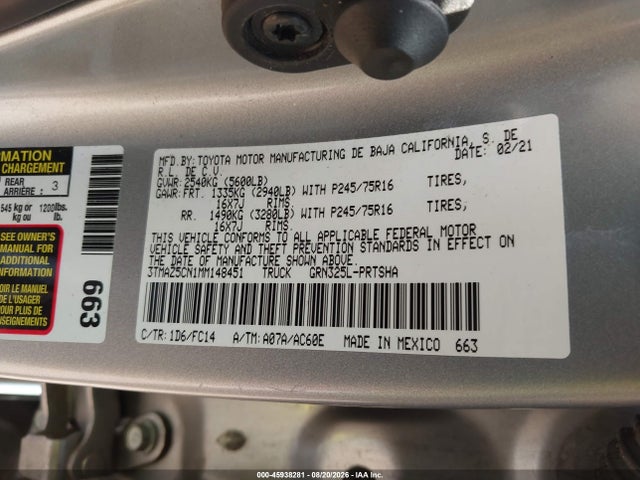 45938281 :رقم المزاد ، 3TMAZ5CN1MM148451 vin ، 2021 Toyota Tacoma Sr5 V6 مزاد بيع