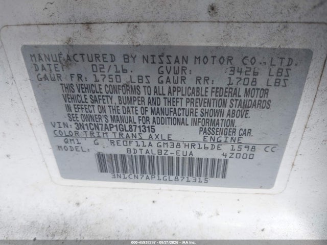 Продаж на аукціоні авто 2016 Nissan Versa 1.6 S/1.6 S+/1.6 Sl/1.6 Sv, vin: 3N1CN7AP1GL871315, номер лоту: 45938297
