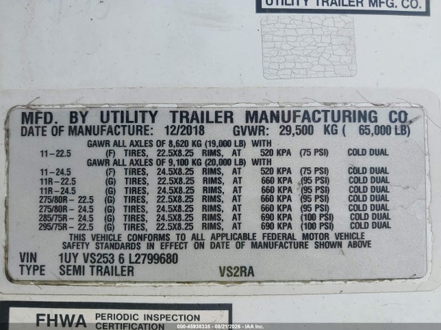 Продажа на аукционе авто 2020 Utility Trailer Mfg 53' Reefer Semi Trailer, vin: 1UYVS2536L2799680, номер лота: 45938335
