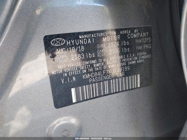 Aukcja sprzedaży 2019 Hyundai Elantra Sel, vin: KMHD84LF7KU749189, numer aukcji: 45938340