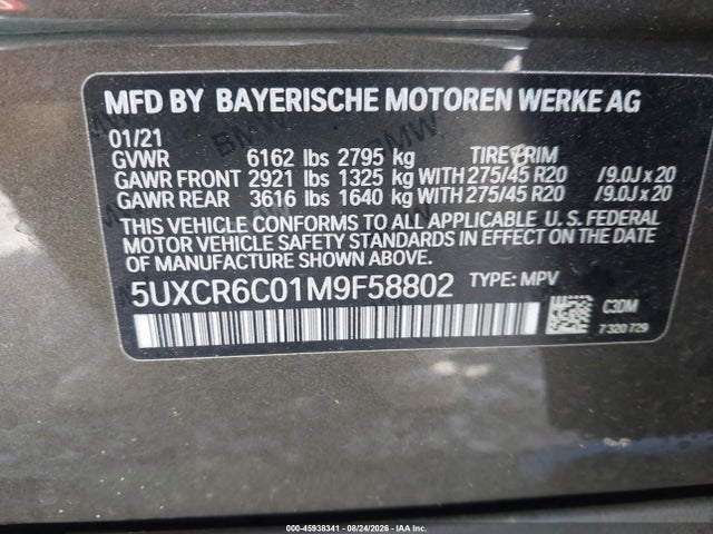 Aukcja sprzedaży 2021 Bmw X5 Xdrive40i, vin: 5UXCR6C01M9F58802, numer aukcji: 45938341
