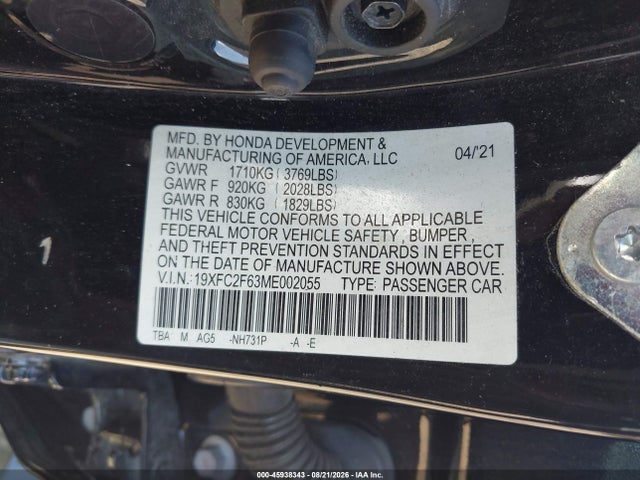 Продажа на аукционе авто 2021 Honda Civic Lx, vin: 19XFC2F63ME002055, номер лота: 45938343