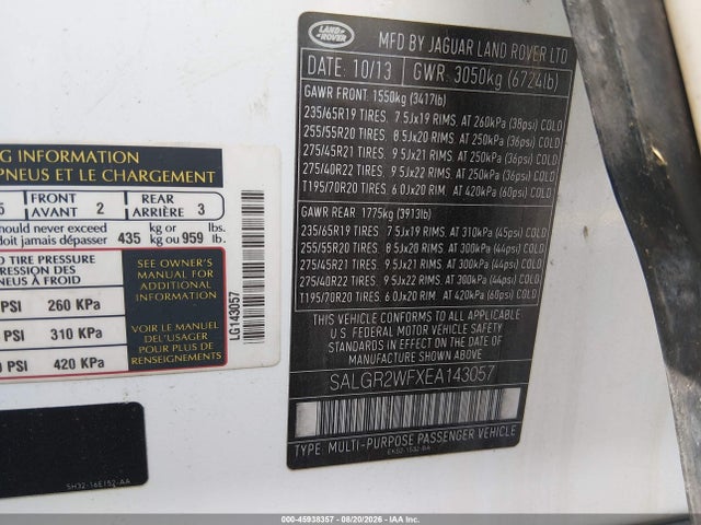 45938357 :رقم المزاد ، SALGR2WFXEA143057 vin ، 2014 Land Rover Range Rover 3.0l V6 Supercharged مزاد بيع