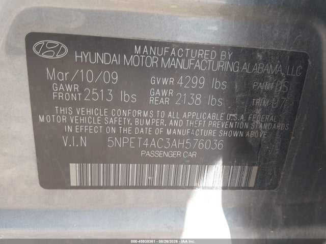 45938361 :رقم المزاد ، 5NPET4AC3AH576036 vin ، 2010 Hyundai Sonata Gls مزاد بيع