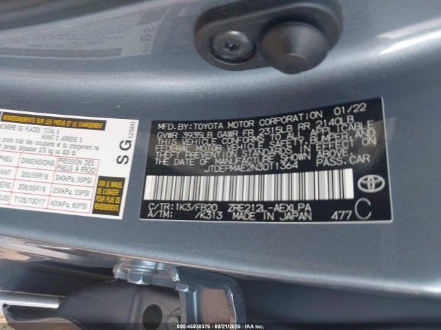 Aukcja sprzedaży 2022 Toyota Corolla Le, vin: JTDEPMAE2N3011364, numer aukcji: 45938376