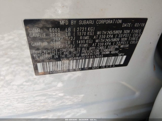 45938393 :رقم المزاد ، 4S4WMARD1K3457603 vin ، 2019 Subaru Ascent Touring مزاد بيع