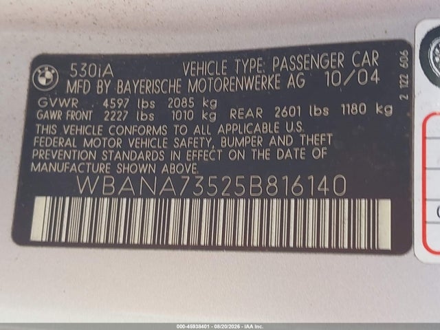 45938401 :رقم المزاد ، WBANA73525B816140 vin ، 2005 Bmw 530i مزاد بيع