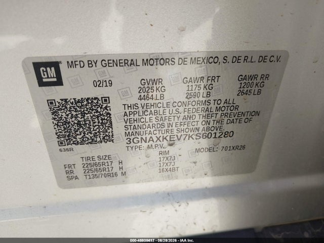 45938417 :رقم المزاد ، 3GNAXKEV7KS601280 vin ، 2019 Chevrolet Equinox Lt مزاد بيع