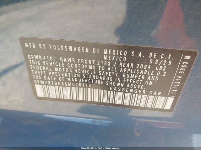 2025 Volkswagen Jetta 1.5t Se მანქანა იყიდება აუქციონზე, vin: 3VW7X7BU6SM076113, აუქციონის ნომერი: 45938421