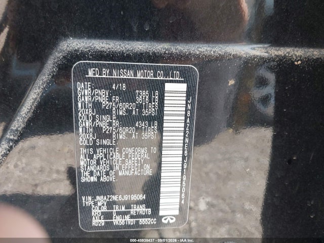 Aukcja sprzedaży 2018 Infiniti Qx80, vin: JN8AZ2NE6J9195064, numer aukcji: 45938437