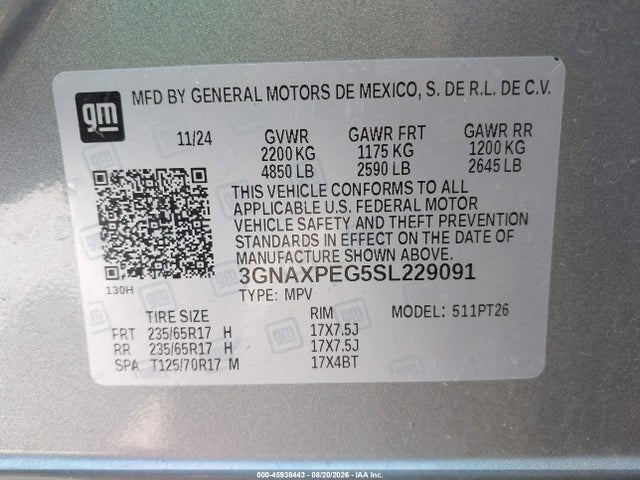 45938443 :رقم المزاد ، 3GNAXPEG5SL229091 vin ، 2025 Chevrolet Equinox Awd Lt مزاد بيع