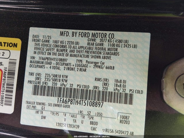 Продажа на аукционе авто 2026 Ford Mustang Ecoboost Fastback, vin: 1FA6P8TH4T5108897, номер лота: 45938465