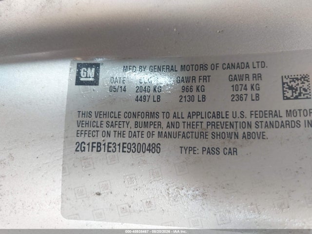 45938467 :رقم المزاد ، 2G1FB1E31E9300486 vin ، 2014 Chevrolet Camaro 1lt مزاد بيع